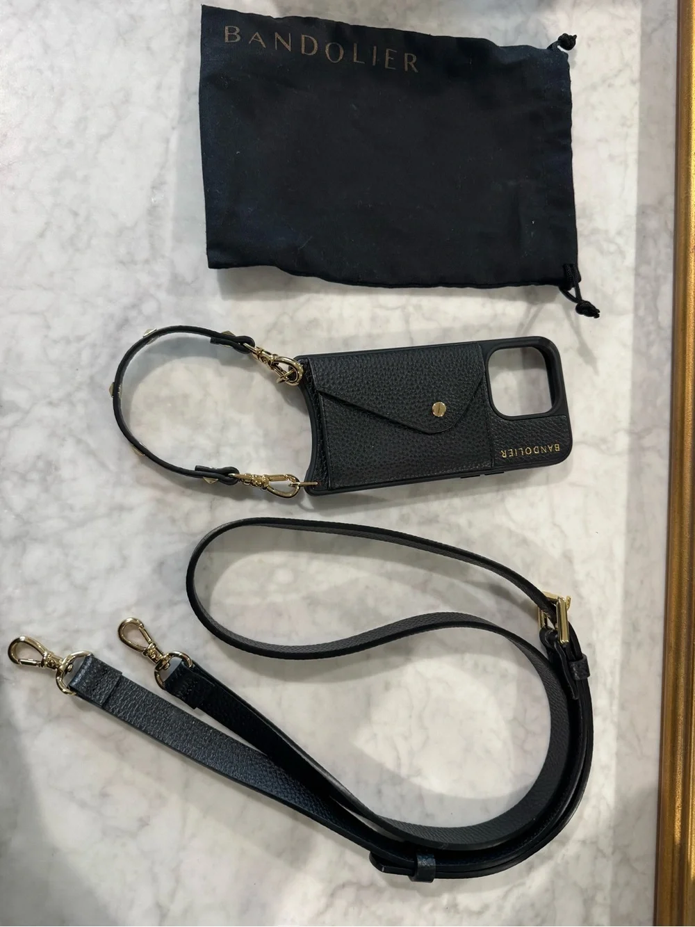 Bandolier Black Leather Crossbody Phone Case for IPhone 15 pro